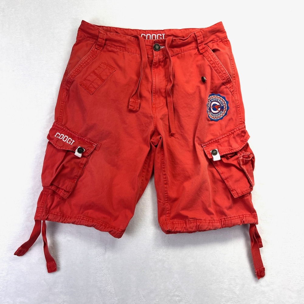 Coogi Cargo Shorts Mens 34 Red Streetwear Y2K Embroidered Logo‎ Baggy Cotton